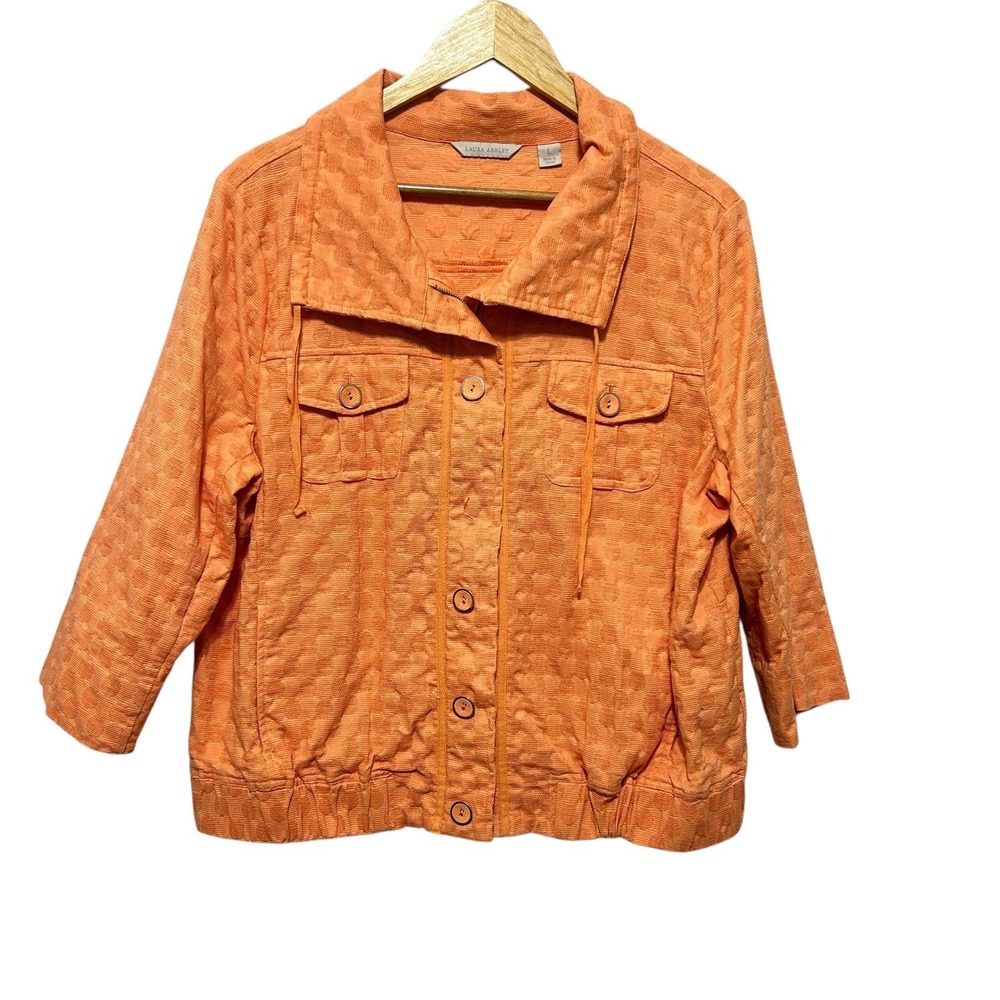 Laura Ashley Women Utility Jacket L Orange Textured Dot Cotton Shacket Cottage